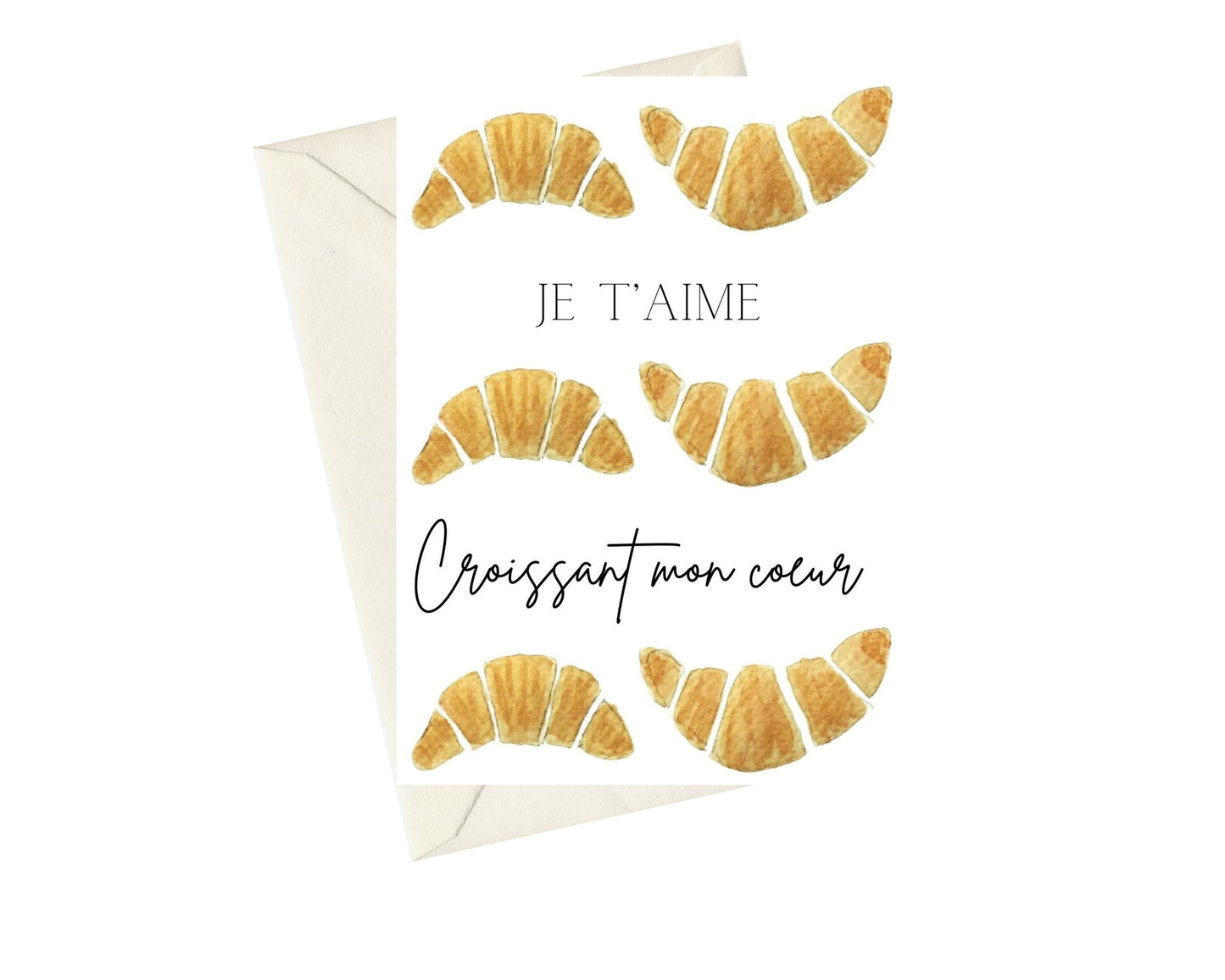 Croissants amoureux handpainted watercolour folded greeting card - 5 x 7 blank inside