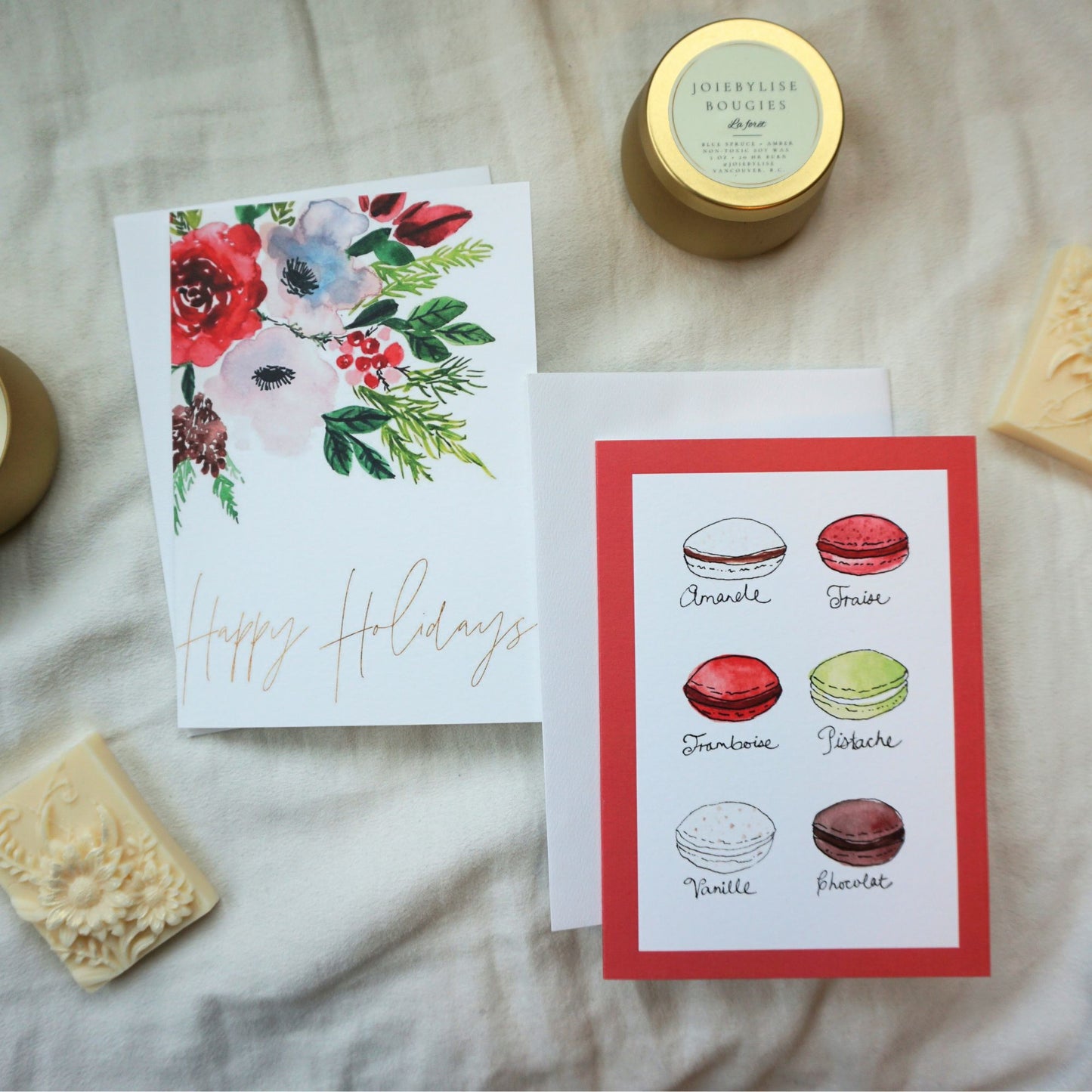 Macarons Noël - Christmas macarons handpainted watercolour greeting card