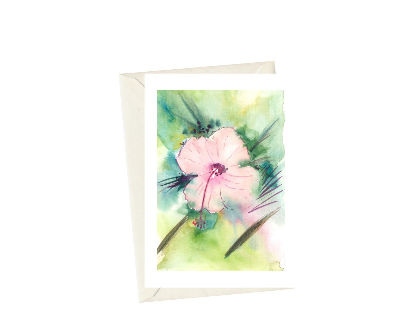 Electric hibiscus handpainted watercolour folded greeting card - 5 x7 blank inside